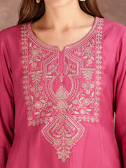 Floral Sequinned Embroidered Round Neck Kurta & Palazzos With Dupatta