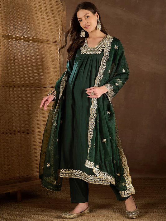 Floral Sequinned Embroidered Square Neck Kurta & Trousers With Dupatta