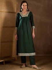 Floral Sequinned Embroidered Square Neck Kurta & Trousers With Dupatta