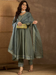 Floral Sequinned Embroidered Round Neck Kurta & Trousers With Dupatta