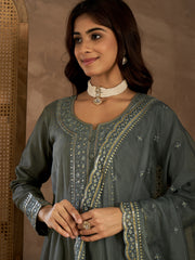 Floral Sequinned Embroidered Round Neck Kurta & Trousers With Dupatta