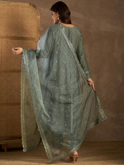 Floral Sequinned Embroidered Round Neck Kurta & Trousers With Dupatta