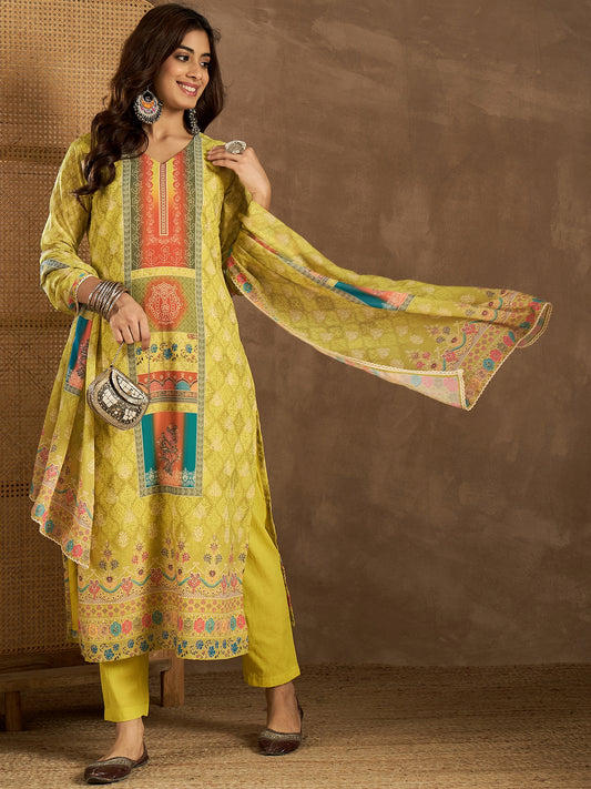 Floral Printed V-Neck Kurta & Trousers With Dupatta