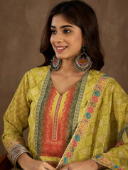 Floral Printed V-Neck Kurta & Trousers With Dupatta