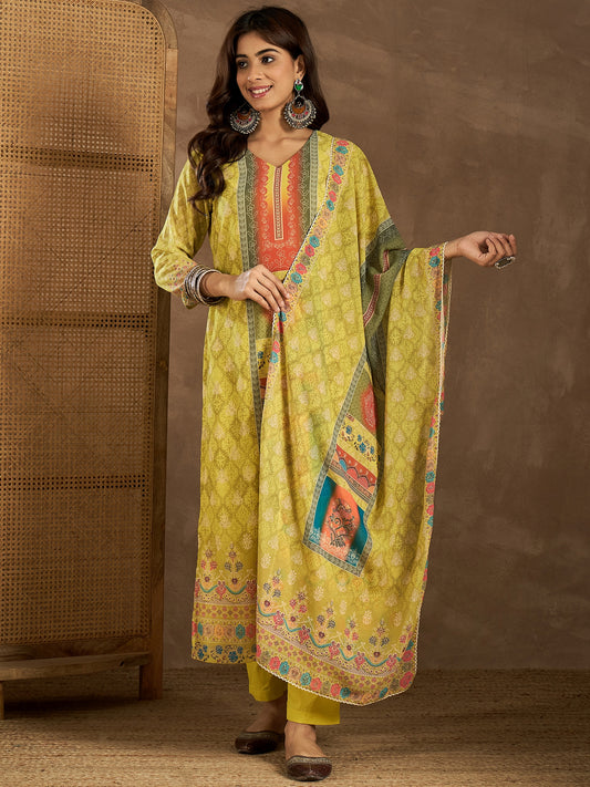 Floral Printed V-Neck Kurta & Trousers With Dupatta