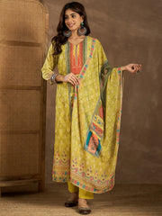 Floral Printed V-Neck Kurta & Trousers With Dupatta