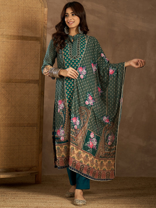 Floral Printed Mandarin Collar Neck Kurta & Trousers With Dupatta