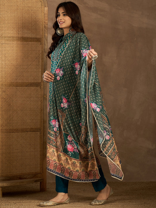 Floral Printed Mandarin Collar Neck Kurta & Trousers With Dupatta