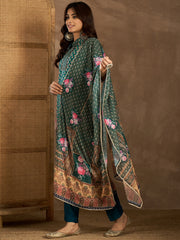Floral Printed Mandarin Collar Neck Kurta & Trousers With Dupatta