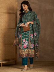 Floral Printed Mandarin Collar Neck Kurta & Trousers With Dupatta