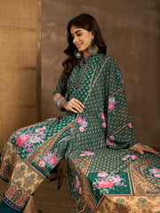 Floral Printed Mandarin Collar Neck Kurta & Trousers With Dupatta