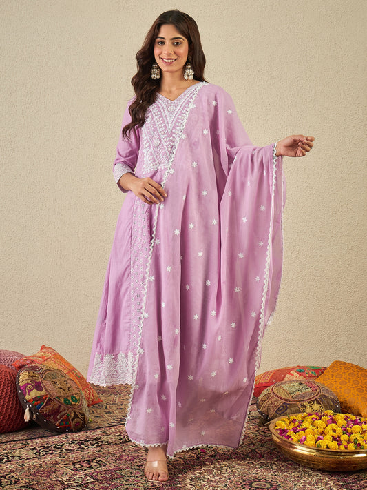 Chikankari Embroidered V-Neck Kurta & Trousers With Dupatta