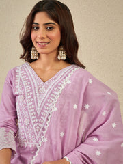 Chikankari Embroidered V-Neck Kurta & Trousers With Dupatta