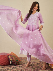 Chikankari Embroidered V-Neck Kurta & Trousers With Dupatta