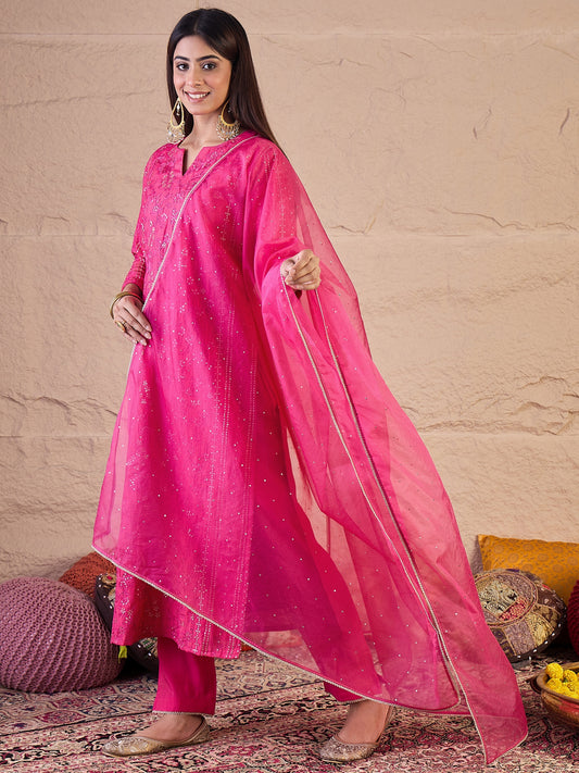 Floral Sequinned Embroidered Round Neck Kurta & Trousers With Dupatta