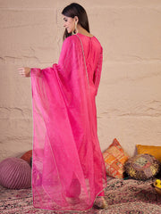 Floral Sequinned Embroidered Round Neck Kurta & Trousers With Dupatta