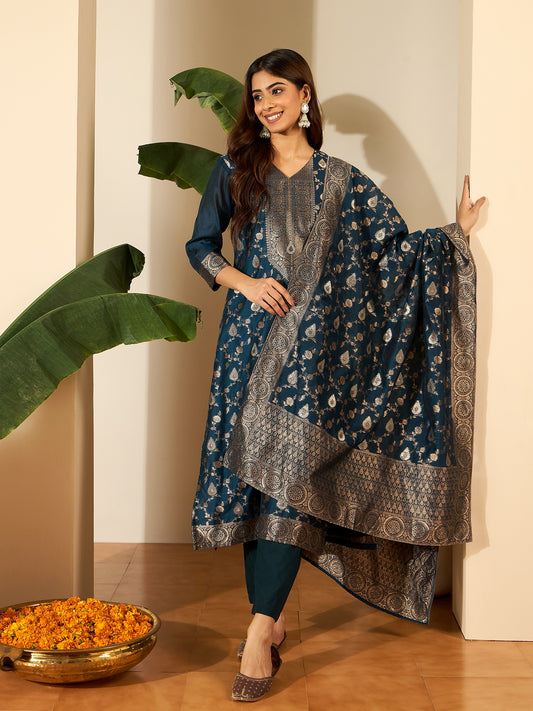 Woven Design V-Neck Kurta & Trousers With Dupatta