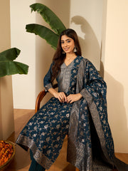 Woven Design V-Neck Kurta & Trousers With Dupatta