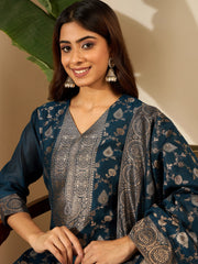 Woven Design V-Neck Kurta & Trousers With Dupatta