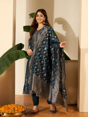 Woven Design V-Neck Kurta & Trousers With Dupatta