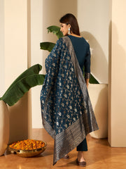 Woven Design V-Neck Kurta & Trousers With Dupatta