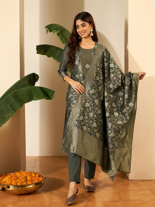 Woven Design Round Neck Kurta & Trousers With Dupatta