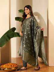 Woven Design Round Neck Kurta & Trousers With Dupatta