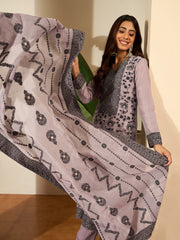 Floral Woven Design V-Neck Kurta & Trousers With Dupatta