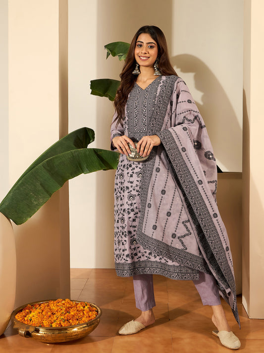 Floral Woven Design V-Neck Kurta & Trousers With Dupatta