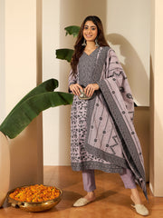 Floral Woven Design V-Neck Kurta & Trousers With Dupatta