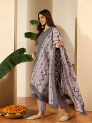 Floral Woven Design V-Neck Kurta & Trousers With Dupatta