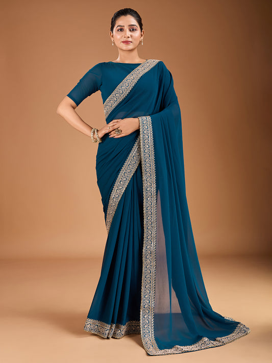 Embroidered Border Saree With Blouse Piece