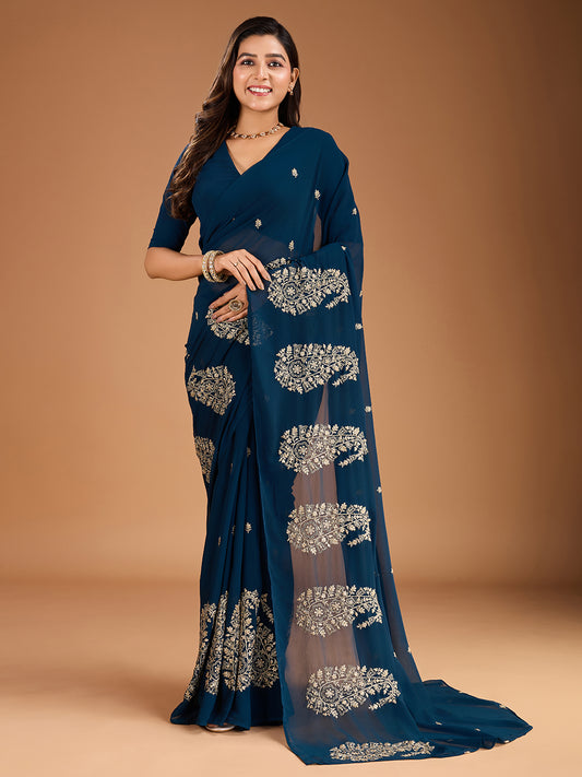 Sequinned Embroidered Saree With Blouse Piece
