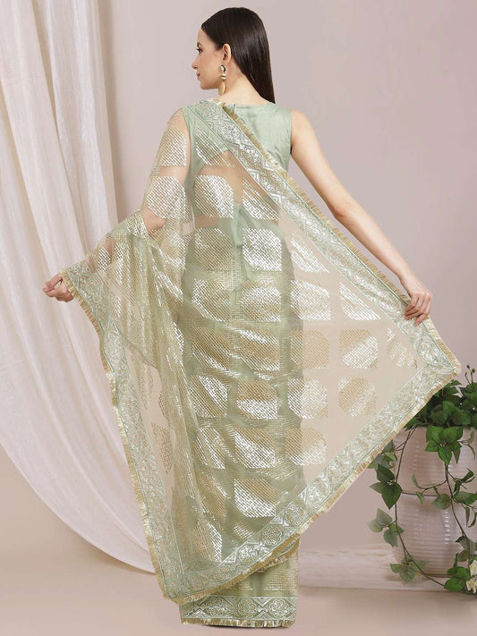 Geometric Sequinned Embroidered Saree With Blouse Piece