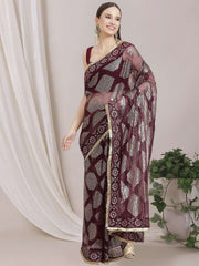 Geometric Sequinned Embroidered Saree With Blouse Piece