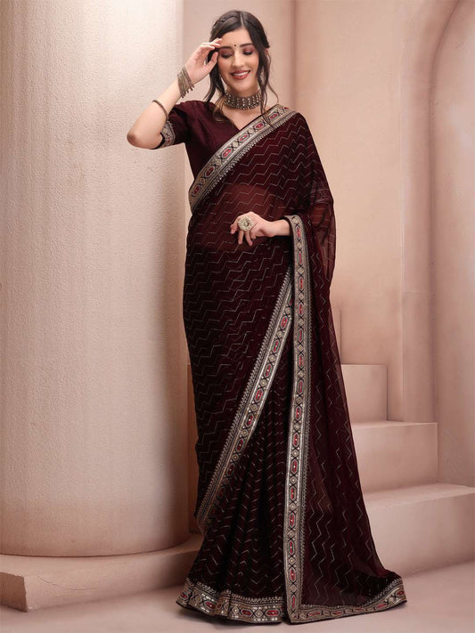 Striped Zari & Sequinned Embroidered Saree With Blouse Piece