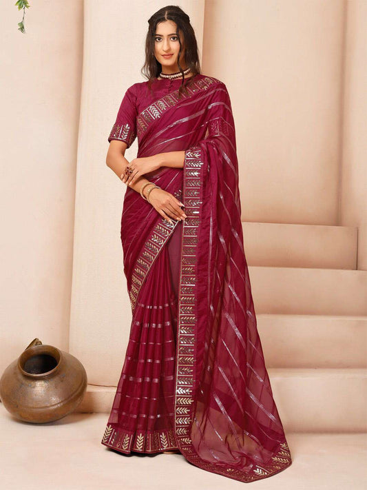 Striped Zari & Sequinned Embroidered Saree With Blouse Piece