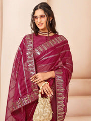 Striped Zari & Sequinned Embroidered Saree With Blouse Piece