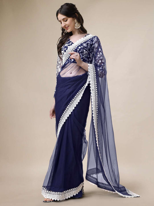 Thread Embroidered Border Saree With Blouse Piece