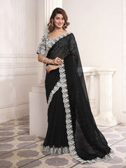 Thread Scalloped Embroidered Border Saree With Blouse Piece