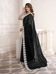 Thread Scalloped Embroidered Border Saree With Blouse Piece