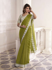 Thread Scalloped Embroidered Saree With Blouse Piece