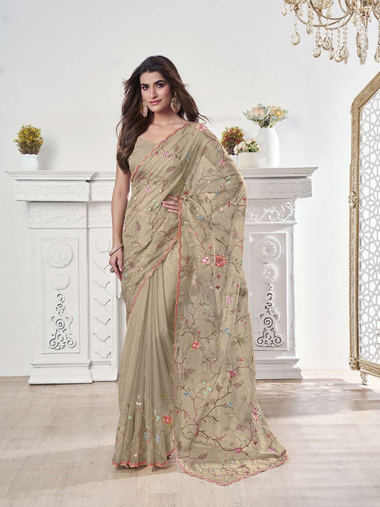 Floral Thread & Sequinned Embroidered Saree With Blouse Piece
