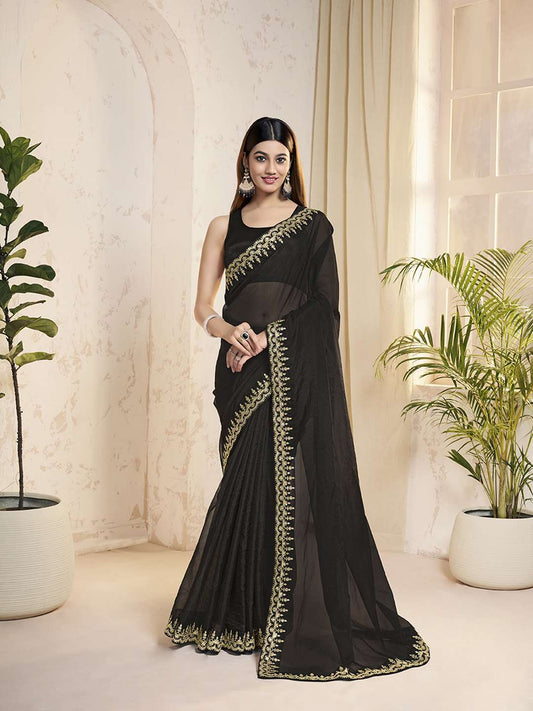 Sequinned Embroidered Border Saree With Blouse Piece