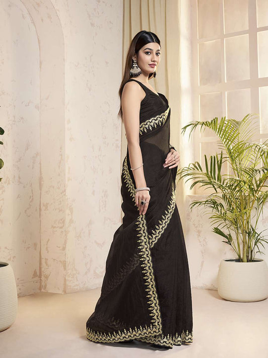 Sequinned Embroidered Border Saree With Blouse Piece