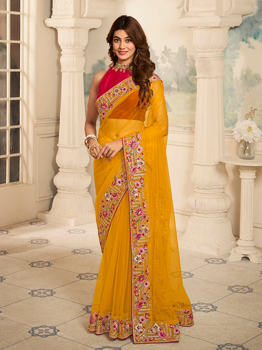 Floral Thread & Sequinned Embroidered Saree With Blouse Piece