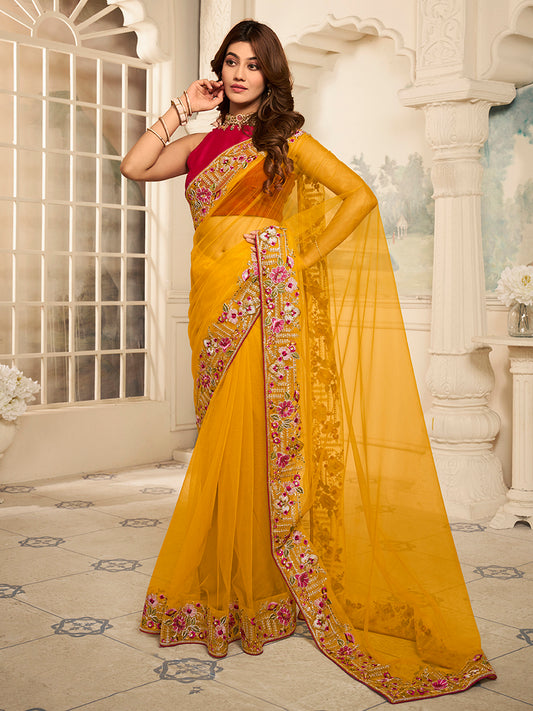 Floral Thread & Sequinned Embroidered Saree With Blouse Piece