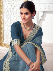 Shaded Sequinned & Zari Embroidered Broder Saree With Matching Blouse