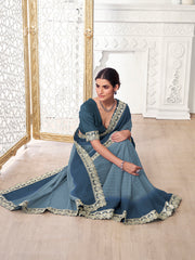 Shaded Sequinned & Zari Embroidered Broder Saree With Matching Blouse