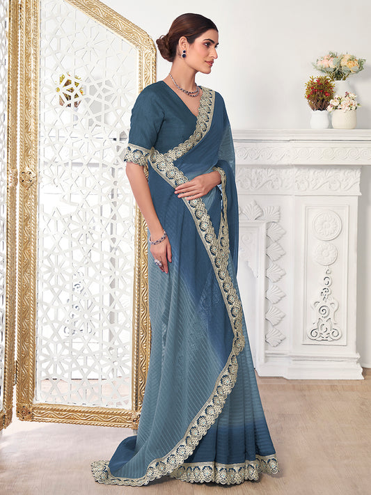 Shaded Sequinned & Zari Embroidered Broder Saree With Matching Blouse